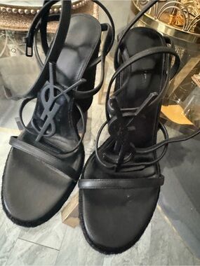 Saint Laurent Black Leather Logo Lace-Up Wedge Sandals
